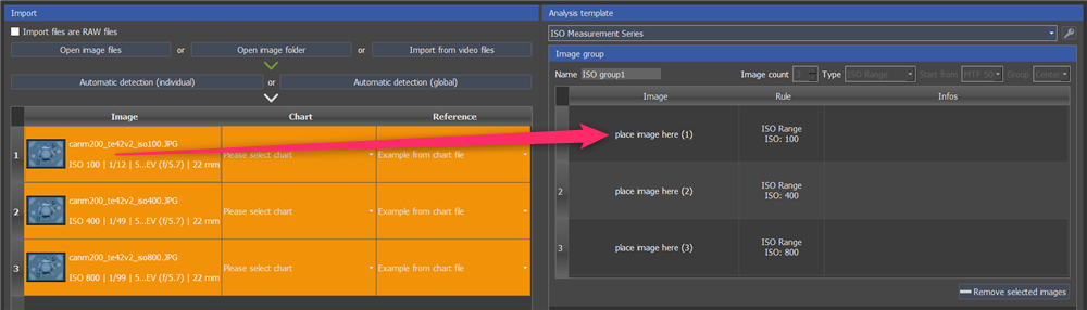 

 **Note that the ISO settings of your image in the EXIF data have to match the ISO value you provided.** If the value matches, the image will be highlighted green; if not, it will be red. **Tipp: You can drag and drop all images at once. Select all available images and drop them into the first placeholder.** Note, that the chart layout needs to be assigned before you can drop the images. "Automatic detection global" is very useful for image sequences.   

{{ :en:iq-analyzerx:analysis_template_iso_red_green.png?nolink |