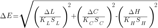 Delta E = sqrt{({Delta L}/{K_L S_L})^2 + ({Delta C}/{K_C S_C})^2 - ({Delta H}/{K_H S_H})^2 }