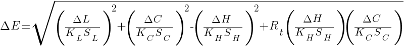 Delta E = sqrt{({Delta L}/{K_L S_L})^2 + ({Delta C}/{K_C S_C})^2 - ({Delta H}/{K_H S_H})^2 + R_t ({Delta H}/{K_H S_H}) ({Delta C}/{K_C S_C})  }